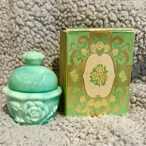 Vintage Avon Moonwind Jadeite Green Rose Powder Jar with original packaging.